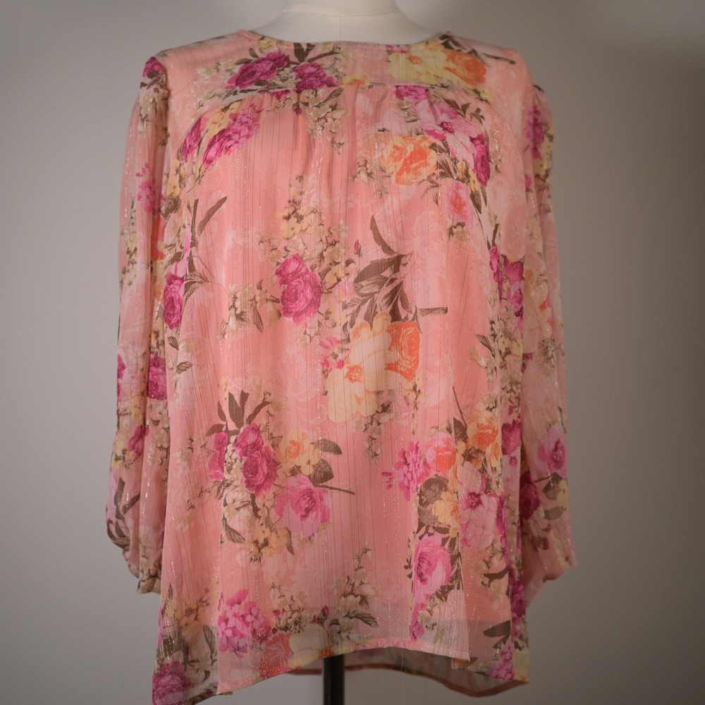 Sara Michelle Womens L Pink Floral Metallic Gold Stripe Balloon Sleeve Romantic